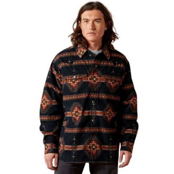 Ariat Men's Hensley Corduroy Aztec Print Retro Shirt Jacket Shacket Dark Grey 10